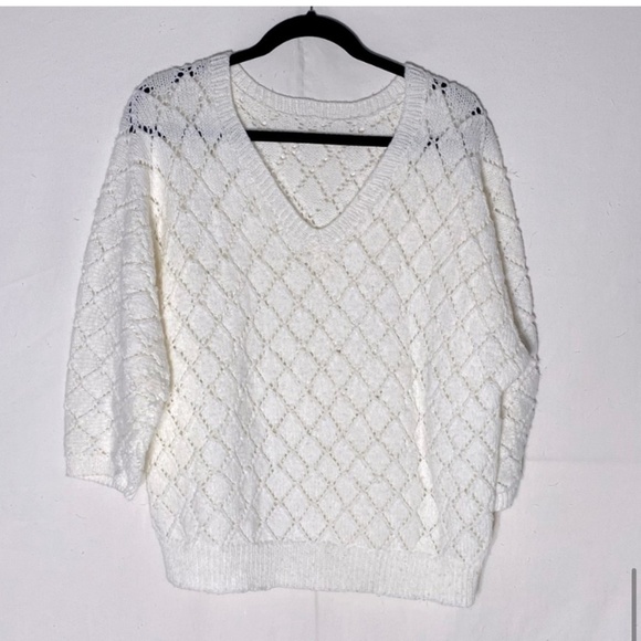 Vintage Oversized Ivory Diamond Knit V Neck Half Sleeve Sweater M - Picture 9 of 9
